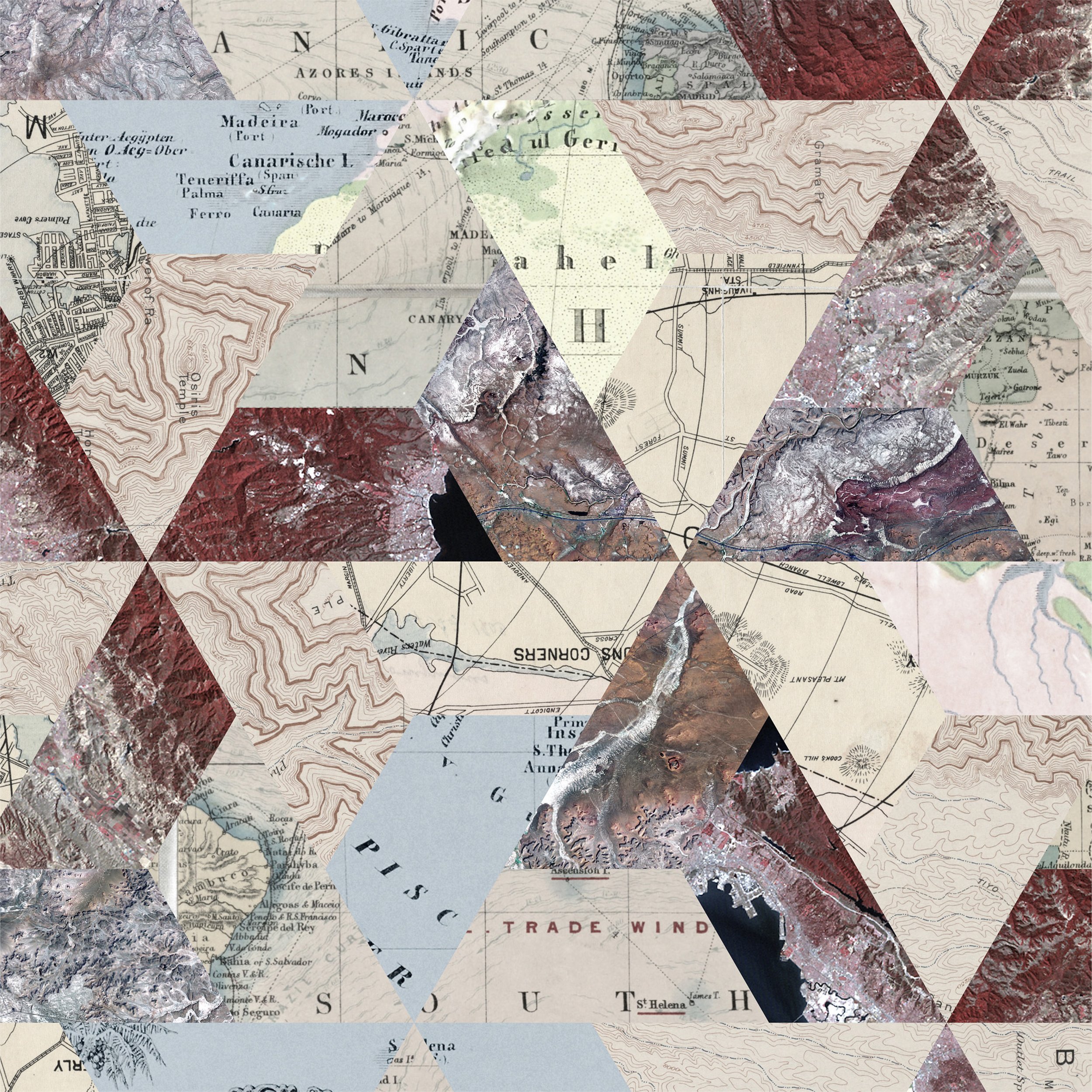 Beyond Borders cover: triangular collage of vintage cartographic maps and aerial landscape photography