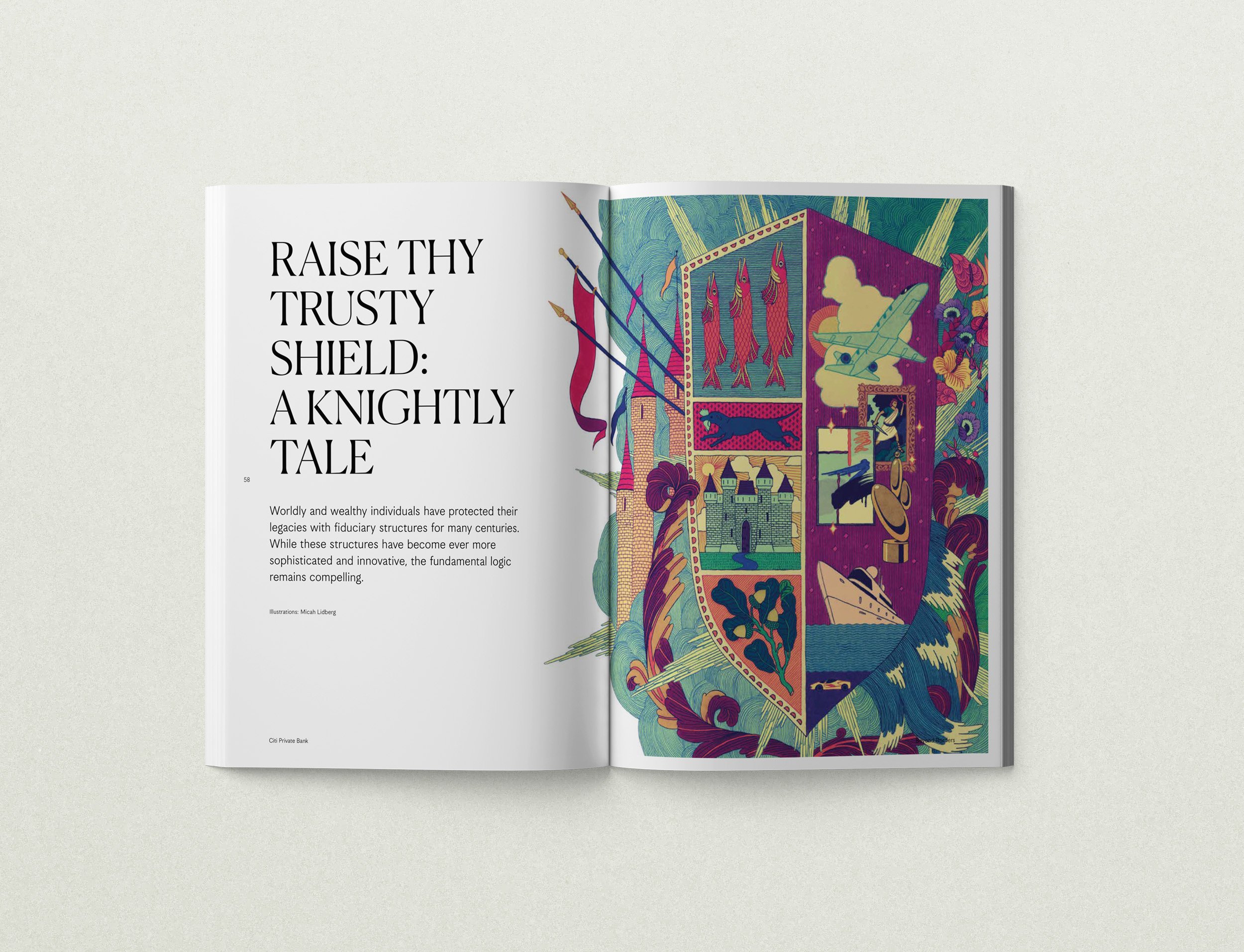 Spread featuring a custom illustration and ranged-left caption
