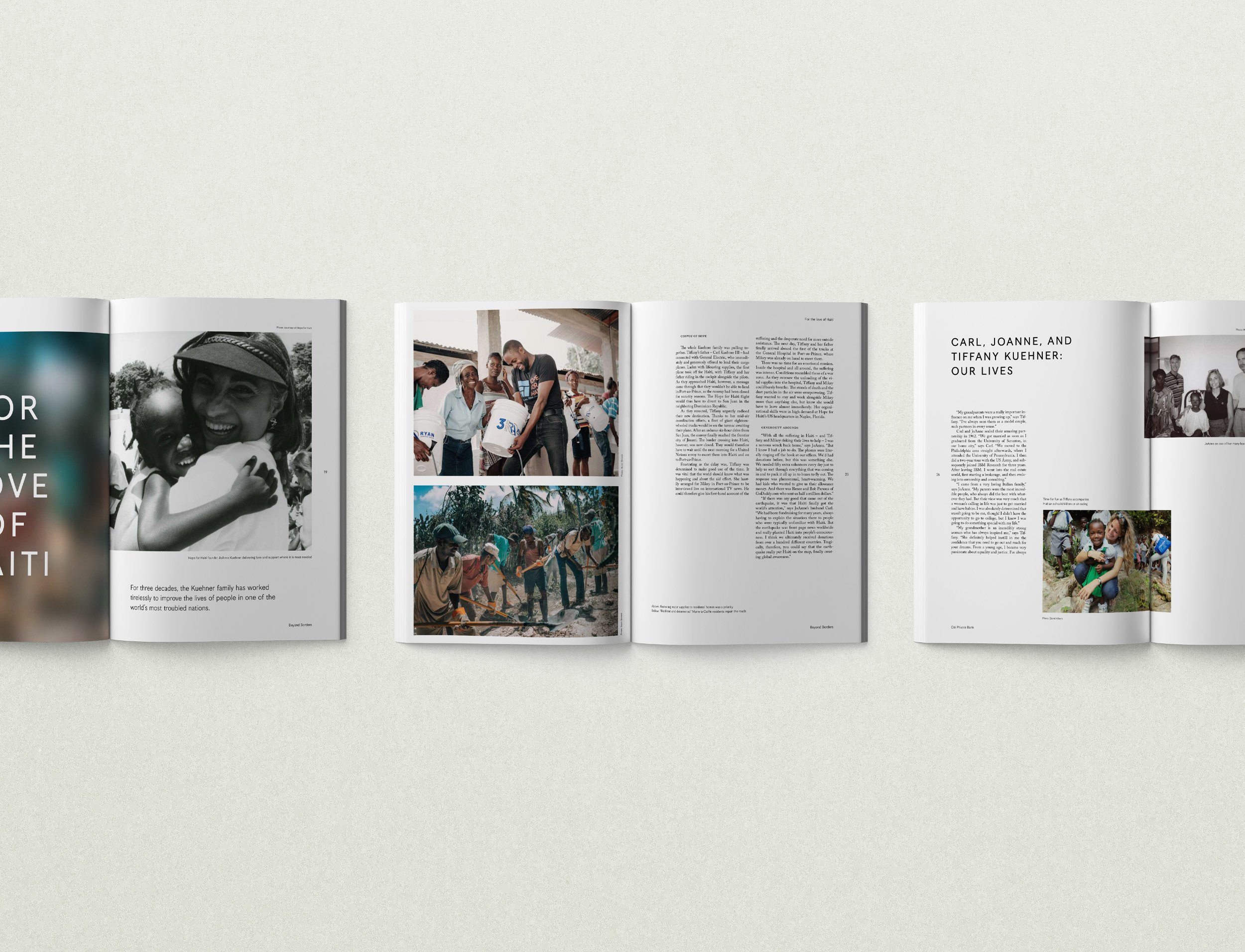 Spread with stacked thematic inserts on coloured paper