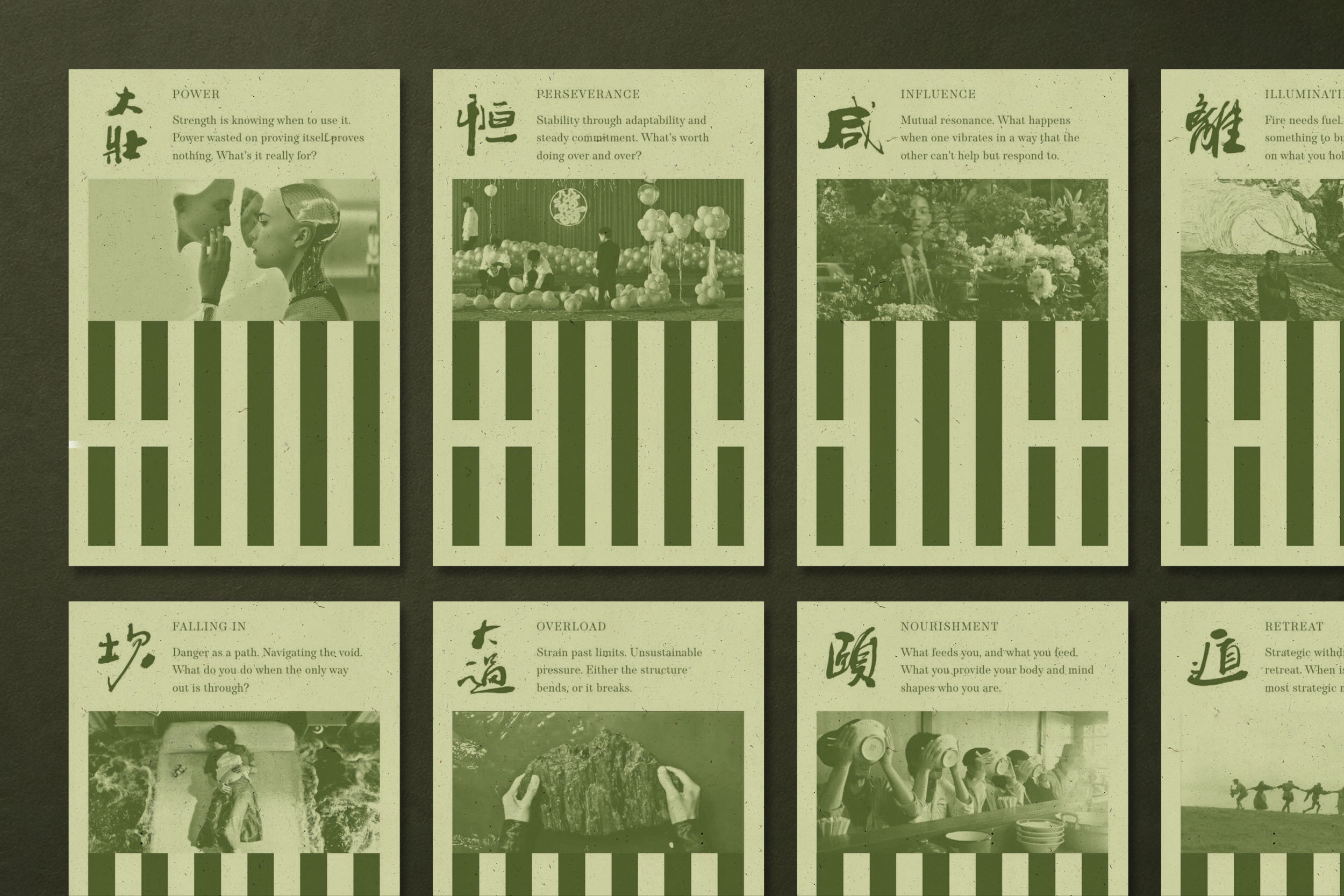 Eight Mail I Ching postcards arranged in a two-by-four grid: POWER, PERSEVERANCE, INFLUENCE, ILLUMINATION on the top row and FALLING IN, OVERLOAD, NOURISHMENT, RETREAT on the bottom. Each shows its hexagram character, principle name, short interpretation and paired film still.
