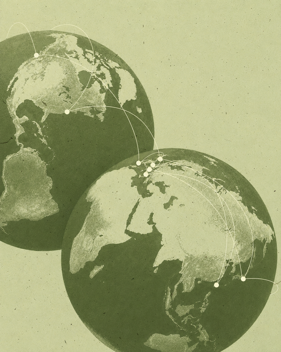 Two overlapping globes of the Earth rendered in olive tones, with thin white arcs connecting dotted points across continents — North America to Europe, Europe to East Asia — tracing the global movement of the postcards between the sixteen participants.