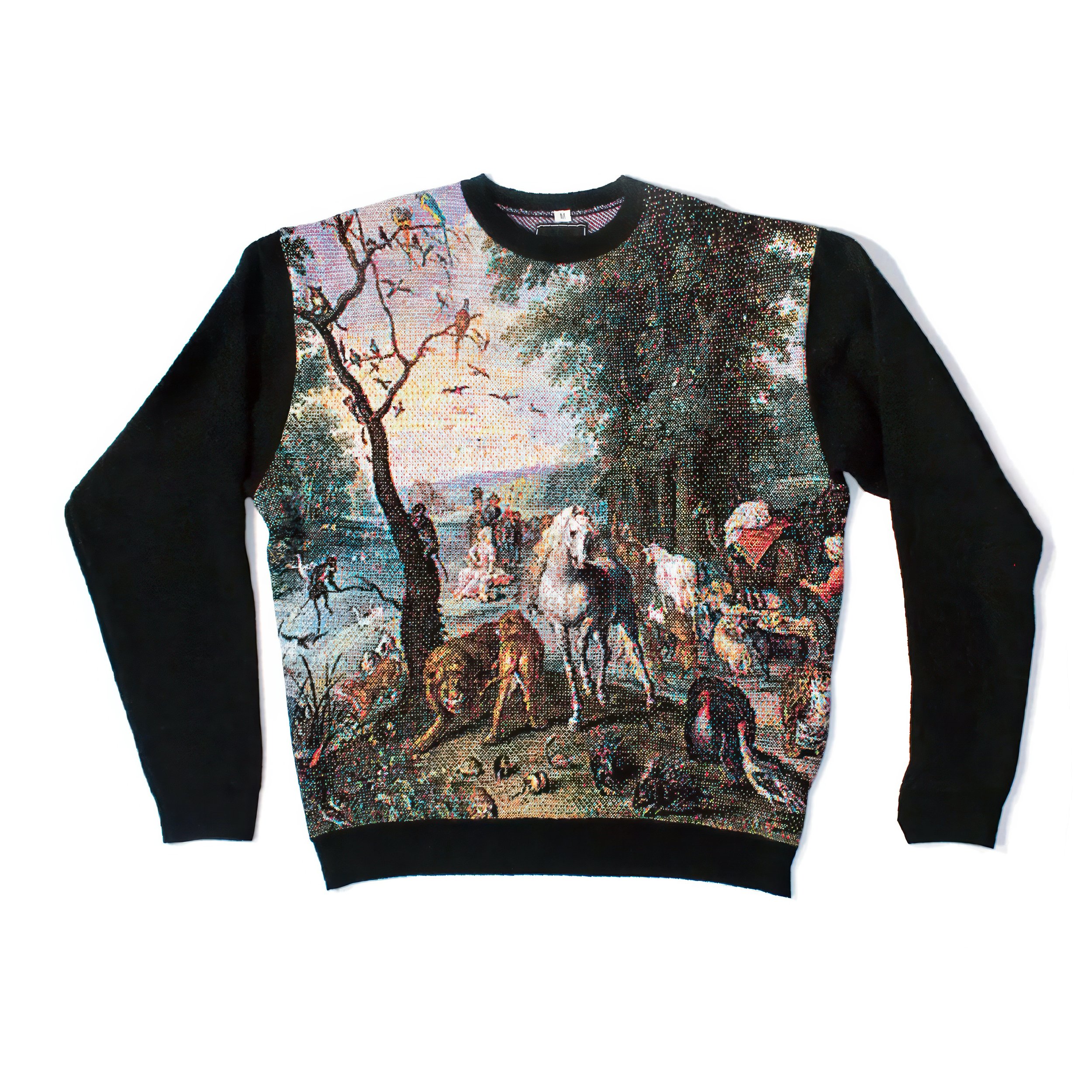 Pento jumper in the Animal pattern — Jan Brueghel-style 'Noah's Ark' scene with horses, lions and dogs in a wooded landscape, knitted into the front panel