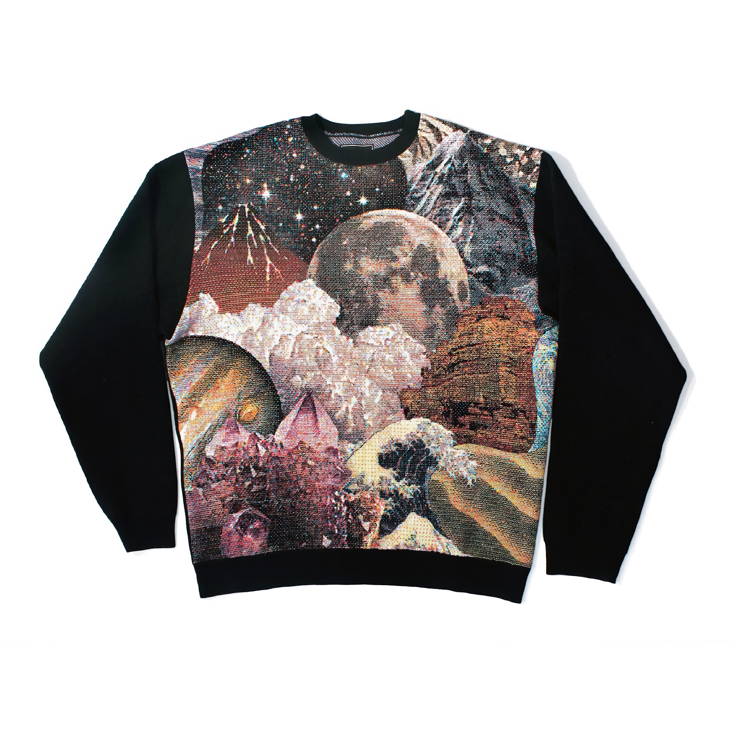 Pento jumper in the Mineral pattern — surreal collage of pink crystals, a moon, mountains, a Hokusai-style wave and a starry sky